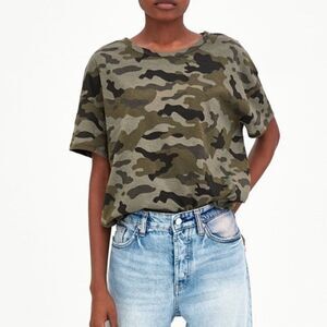Zara Camo Camouflage Short Sleeve Cropped Tee Size Small